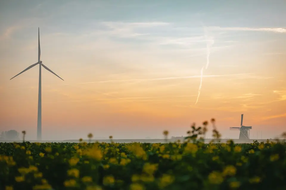 Een windturbine en een oude molen boven een veld met koolzaad bij zonsopkomst